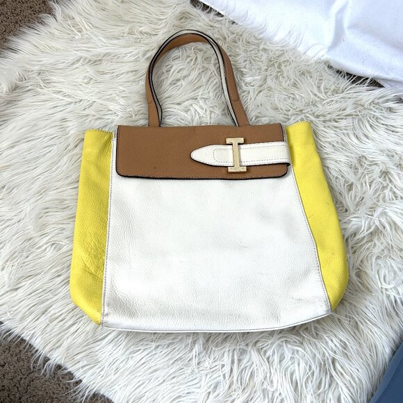 Isaac Mizrahi Pebbled Leather Tote  Purse Bag Cream Yellow Tan - Picture 1 of 6